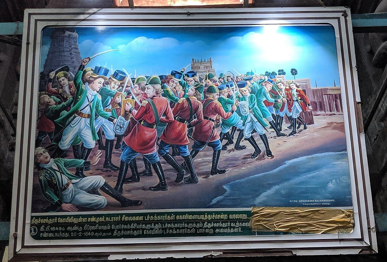 Painted panel inside Tiruchendur temple depicting the seventeenth-century Dutch occupation of the temple